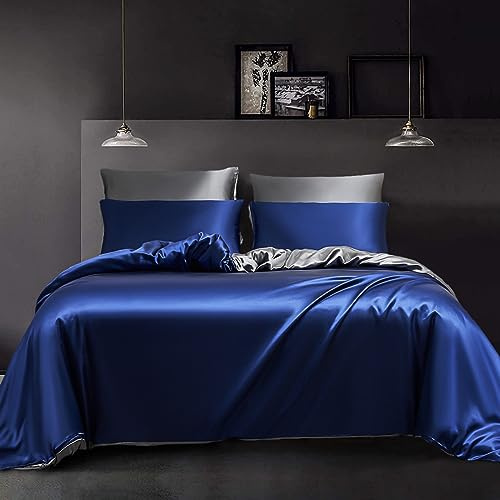 YASMENG Satin Bettwäsche 155x220 Blau Dunkelgrau Wendebettwäsche Satin Glatt Glänzend Deluxe Weich Seidig Seide Bettbezug Set 3teiling mit Reißverschluss und 2 Kissenbezüge 80×80 cm