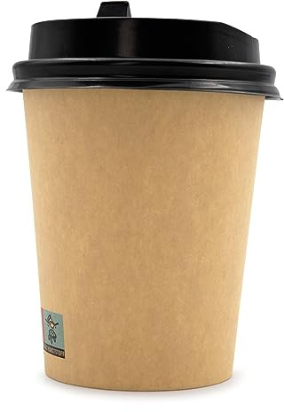 Wellsamed WELLSACUP 1000 Pappbecher 220 ml mit schwarzem Deckel, Kraftpapier Natur, geeignet für Heißgetränke, Coffee to Go, Business, Veranstaltungen, Party