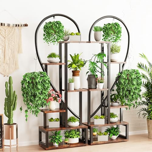 unho Portafiori Portapiante 6 Livelli: 2 Pezzi Supporto per Piante Metallo a Forma di Mezzo Cuore - 165cm Altezza Scaffale Porta Piante con 4 Ganci da interno Balcone Soggiorno