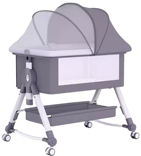 HUHJYUGE Kinderbett mit Matratze, Beistellbett Baby mit Rollen Höhenverstellbar, Zusammenklappbar Babybetten mit Atmungsaktives Moskitonetz und Wickelauflage (B)