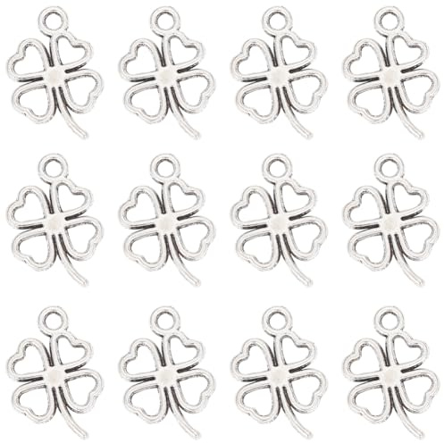 SUNNYCLUE 1 Box 150 Pieces Tibetan Style St. Patrick's Day Pendants Antique Silver Four Leaf Clover Hollow Double Sided 4 Leaves Irish Clover Leaves Lucky Charm