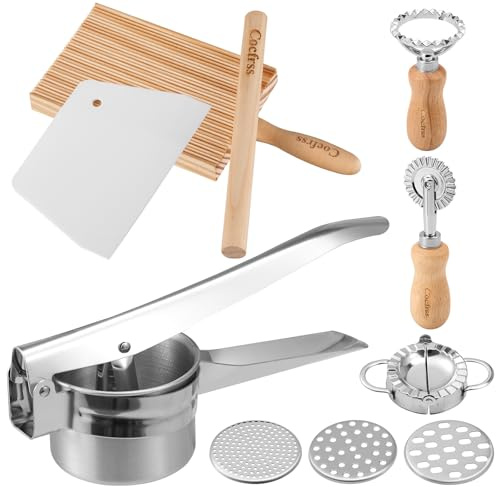 Cocfrss 7 Pcs Potato Ricer & Gnocchi Board Kit with Dough Scraper, Ravioli Cutter, Empanada Press, Round Ravioli Mold, Ravioli Rolling Pin, Stainless Steel Ricer for Mashed Potatoes