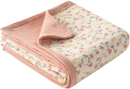 Little Jump Muslin Baby Blankets for Girls, Large 47 x 47 Cotton Crib Blanket for Baby Infant Toddler, Soft Breathable and Lightweight Toddler Quilt for Girls (Peach Floral)
