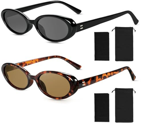 Becellen 2 Stück Sonnenbrillen Set Vintage, Oval 90er Retro Sonnenbrille Cateye Kleine Schmale Sunglasses Mit UV 400 für Damen Herren