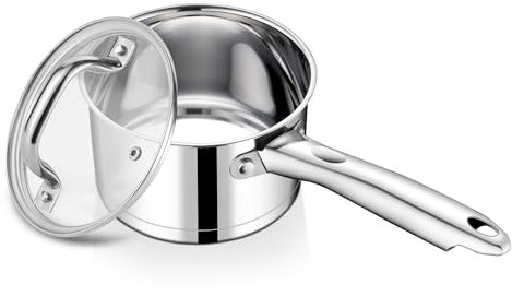 TEAMFAR Stielkasserolle, 14cm klein Edelstahl Milchtopf Topf Induktion mit Glasdeckel, 3-Lagen Boden für alle Herdarten, 0,9L Kasserolle Kochtopf für kleine Portionen, Ungiftig, Spülmaschinenfest