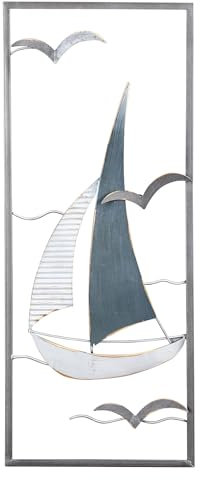 Quadro in metallo, 30 x 60 cm, motivo: barca a vela, colore: blu, grigio, bianco, marittimo, decorazione da parete in metallo, decorazione industriale da parete, design marinaio Ahoi