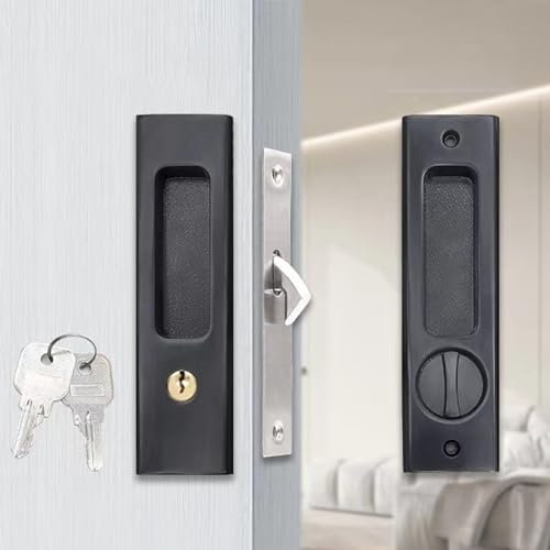 Verrou de porte de sécurité en alliage d'aluminium, serrure de porte coulissante de balcon avec clé à mortaise, loquet invisible pour jardin, salle de bain, extérieur, garage, fenêtre (noir)