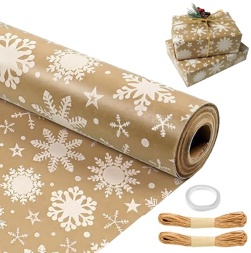 LANSKYLAN Geschenkpapier Weihnachten rolle 43CM x 15M Weihnachtsgeschenkpapier Kraftpapier Schneeflocke Weihnachtspapier Christmas Wrapping Paper Packpapier für Geschenkboxen Geschenkverpackung