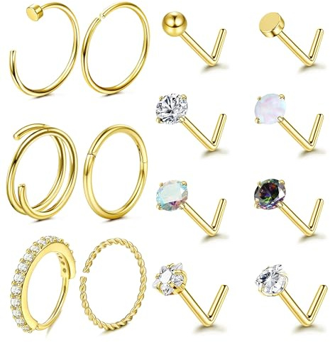 Adramata 20G Nasenpiercing Stecker 14 Karat Gold Piercing Nase Chirurgenstahl Nasenring L-förmiger Nasenstecker Nostril Piercing für Damen Herren CZ Hypoallergene Nasenpiercing Schmuck (14 Stück),GB