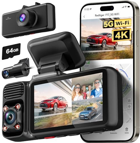 REDTIGER 4K 3-Kanal Dashcam Auto 5G WiFi mit integriertem GPS und 64GB Karte, 2160P+1080P+1080P Vorne und Hinten sowie Innen, Loop-Aufzeichnung, 3-Zoll-Bildschirm, IR-Nachtsicht, WDR, Parkmodus