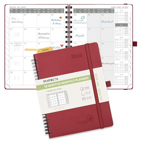 POPRUN Kalender 2025 2026 Monatsplaner 22 x 16,5 cm - 18 Monate Monatskalender Ringbuch A5 (Jul.2025-Dez.2026) - 1 Monat 4 Seiten, Softcover mit PU-Leder, 100 GSM Papier - Burgunderrot