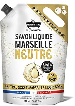 Recharge Savon Liquide de Marseille Neutre 900ml Les Petits Bains de Provence - Savon liquide sans parfum, +98% ingrédients naturels, pour mains et corps, recyclable