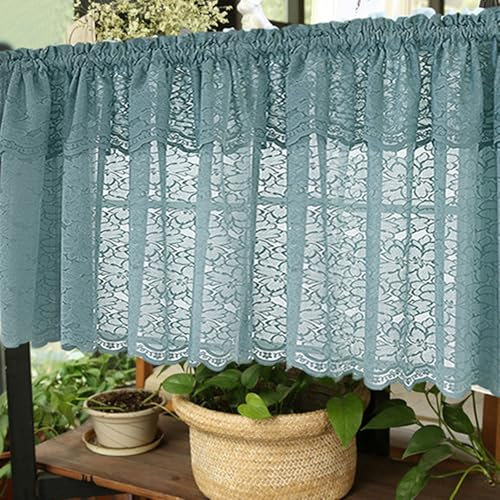 Skcess 1PCS Küchengardine Blau Grün, Polyester Vorhang Sheer Spitzenstickerei Blumen Mit Gewelltem Rand Kurzgardine 130X41CM