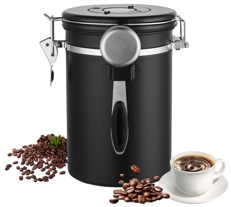 Barattolo di caffè ermetico in acciaio inossidabile da 1,8 l, barattolo di caffè sottovuoto, contenitore per chicchi di caffè, con cucchiaio in acciaio inossidabile e funzione di salvataggio del
