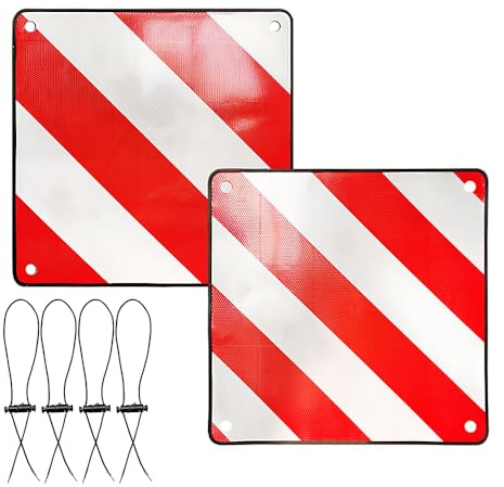 HOVCEH Aluminium Warning Sign for Italy/Spain, 2 in1 Red White Striped Warning sign with 4 Tie Down Strap, PVC Rear Warning Sign for Rear Carrier, Motorhome, Bicycle Carrier, Caravan Towing (50X50cm)