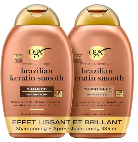 OGX Shampooing + Après-Shampooing Brazilian Keratin Smooth Effet Lissant et Brillant (lot de 2 flacons de 385 ml) - Après-shampoing fortifiant pour des cheveux doux et brillants