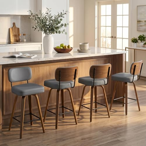Bekrvio Barhocker 4er Set mit Lehne, 65 cm Sitzhöhe, 360° drehbar, Barhocker Kunstleder mit extra dickem Sitz (7,1 cm), Barstuhl Holz mit 4 Beinen, für Kücheninsel & Küche PU-Leder Grau