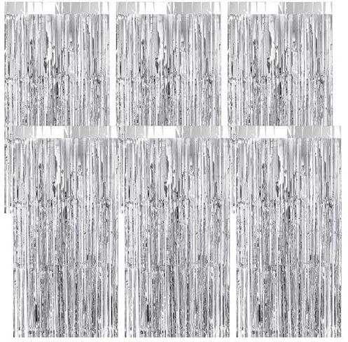 6 Stück Lametta Vorhang Silber,Glitzer Vorhang,Folien Fransen Lametta Vorhang,1×2m Deko Silber,für Geburtstag Silberhochzeit Abschluss Disco Weihnachten Party Deko (Silber)