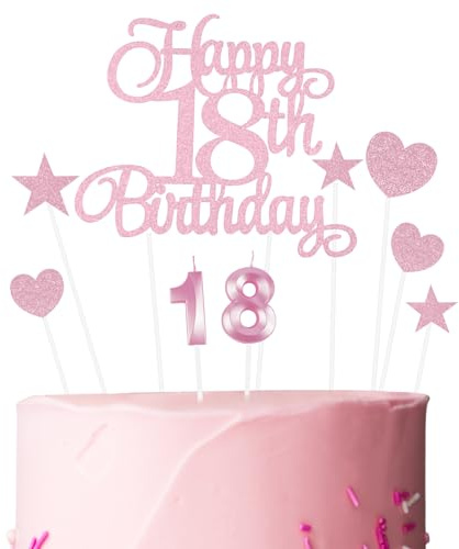 Ainiv Geburtstagskerzen Zahlen 18, Tortendeko zum 18. Geburtstag | 18. Geburtstag Kuchendeko für Jungen Mädchen, Rosa Stern-Herz-Tortenaufsatz für Party, Cupcakes, Desserts und Gebäck