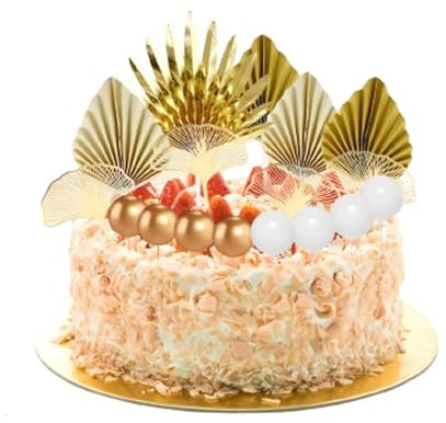 29Pcs Gold Cake Toppers Decorations - Palm Fan Leaf Ball, Paper Boho Cake Decorations for Birthday Wedding Party