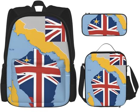 OXKGHHO Niue - Mochila de trabajo con estampado de mapa de bandera de posición con lonchera aislada, correas ajustables, para gimnasio y uso diario, Negro -, Talla única