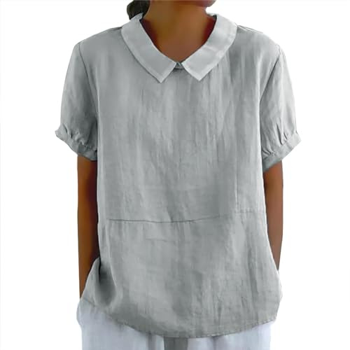 Damen T-Shirt Leinenbluse Sommer Baumwoll Leinen Oberteile Vintage Einfarbig Tunika Bluse Basic Kurzarm Locker Lässiges Bequemes Shirt Modisch Leinenhemd Hemdbluse Top