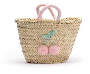 ZocoChic Capazo de Playa de palma, Bolso de Palma Infantil con Diseño de Cerezas, Asas Rosa, Pompones Decorativos, Aprox. 32 cm, Artesanal