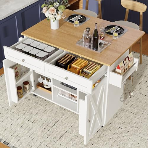 Kebnor Isla de cocina moderna, armario de cocina, armario buffet, carro comedor con vetas de madera, mesa multifuncional con almacenamiento, carrito con estantes para aperitivos