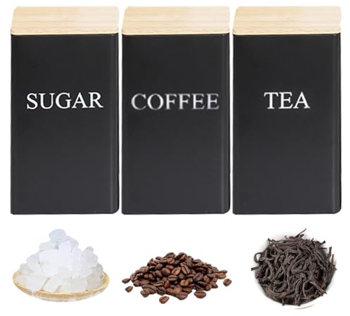 Miraculife Juego de 3 botes de té, café y azúcar con tapa hermética de bambú y marcador de nombre, tarro de almacenamiento de alimentos de metal de 1 litro, latas de almacenamiento cuadradas negras