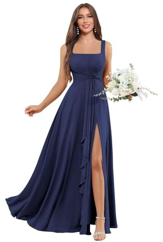 ZOOYYUE Brautkleider,Damen Brautjungfernkleider Lang - Quadratausschnitt Abendkleider Festlich Elegant Für Hochzeit A Line Plissiert Kleid Mit Taschen Marineblau 40