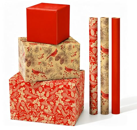 SHUCHING Geschenkpapier Weihnachten 43 cm x 3 m - 3 Rollen, Kraftpapier mit Reines Rot Papier, Vintage Blumen und Kardinal für Kinder Mädchen Junge Frauen Männer Partys