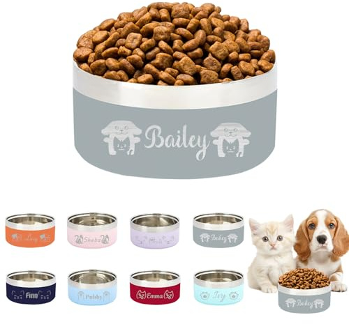 Personalisierte Namensgravur für Katzen Hundenäpfe, Maßgefertigte Futternäpfe mit Namen, Rutschfester Futternapf für Katzen und Hunde aus Edelstahl, Individuell Geschenke für Haustiere - Grau