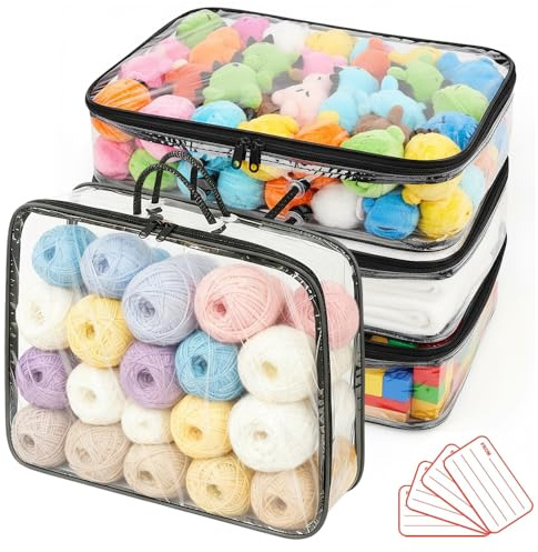 RNPKZ 4 Pcs Clear Toy Storage Bag, Portable Clear Yarn Storage Organiser with Zippers & Handle, Dust-proof ClearYarn Storage Bags with 4 Lables for Toys, Yarns, Crochet, Clothes, Blanket(40x30x10CM)