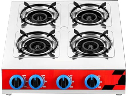 THEGA Cucina A Gas - Fornello da Campeggio 4 Fuochi, Padella Ad Alta Potenza 3,2 KW, Supporto per Pentole in Ghisa Acciaio Inossidabile, Piano Cottura con Accensione Automatica(LPG)