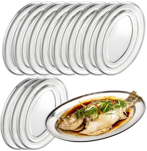 Calolin 12 Pcs Stainless Steel Oval Platters, Seamless Oval Fish Plates, 35 cm/13.8 in Stainless Steel Serving Trays, Polished Surface, Dishwasher Safe, Large Oval Platters for Multiple Foods