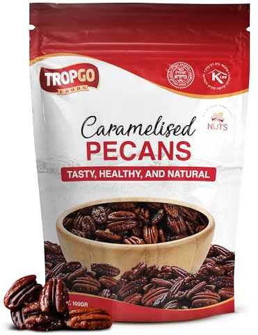 Tropgo Caramelised Pecans 100g Resealable Bag – Crunchy Glazed Nuts with Sweet Golden Coating – Pecan Nuts for Snacking, Baking & Salad Topping - Gifting Choice for Hampers or Celebrations