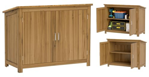Outsunny Gartenschrank Holz, wetterfest 110x50x85cm Gartenschuppen, Outdoor Geräteschuppen mit Pultdach, Ablagen, Tür, Gerätehaus, Geräteschrank Gartenhaus Werkzeugschrank für Terrasse Garten, Braun