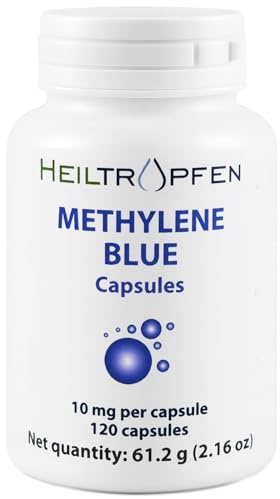 Metylenblått kapslar | 10 mg per kapsel | Ultrahög renhet | Ingrediens av farmaceutisk kvalitet enligt USP | Testad av tredje part | 120 vegetabiliska kapslar | Formaldehydfri | Heiltropfen®