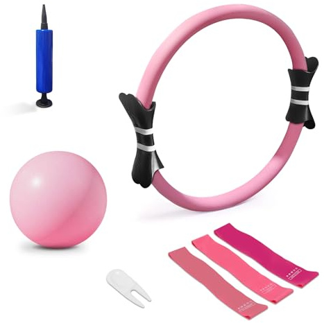 Juego de anillos de pilates – 14 pulgadas Magic Circle, incluye minipelota, bandas de resistencia, instrucciones y bolsa | Kit completo para un entrenamiento eficaz en casa