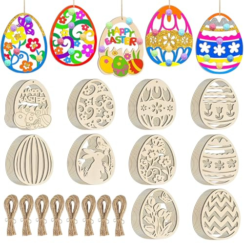 Reccisokz 30 pezzi di ciondoli pasquali in legno, decorazioni pasquali, fai da te da dipingere, ciondoli in legno per bambini, uova di Pasqua, decorazioni pasquali con cordino