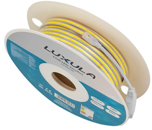 LUXULA COB LED Streifen 25m 5000K Neutralweiß, 220V IP65, erweiterbar | mit Stecker, ohne Punkte, selbstklebend, 220V IP65, 288 LEDs 700lm 10W pro Meter, kürzbar 50cm, für Innen und Außen