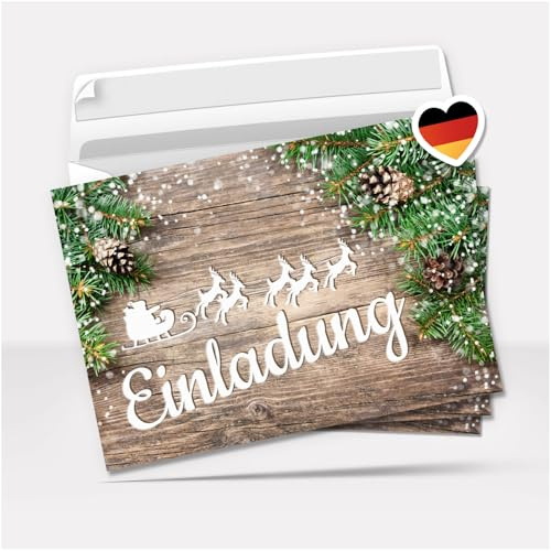 10 Einladungskarten Weihnachtsfeier mit Umschlägen – Hochwertige Postkarten Einladungen Weihnachten, Weihnachtsfeier, Advent & Heiligabend - Motiv Vintage Holz