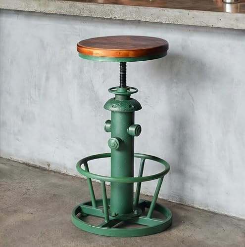 Topower Antique Industrial Round Bottom Adjustable Height Cafe Coffee Retro Vintage Stylish Water Pipe Design Pub Kitchen Bar Stool Antique Green Wood Top