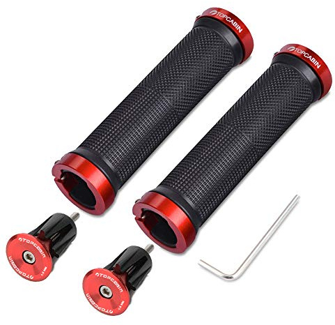 TOPCABIN Bicycle Grips,Double Lock on Locking Bicycle Handlebar Grips Rubber Comfortable Bike Grips for Mountain BMX ((Aluminum Lock Plug) Red 1 Pair)