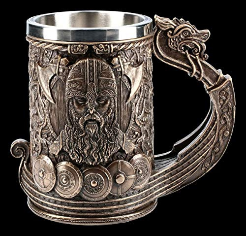 Vichingo Fantasy Bier-Krug - Drakkar Bronzato Becher, Miot con Manico, Articolo Decorazione, con Inserto in Acciaio Inossidabile, H 15 CM