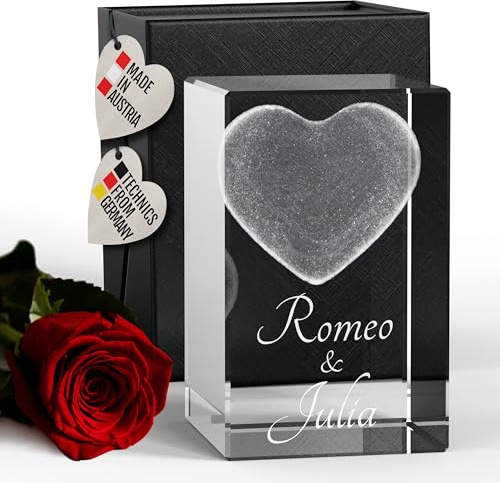 3Dglas Cristal de Verre 3D 80mm Cuboïde avec Coeur et Gravure de Deux Noms, Cadeau pour Partenaire
