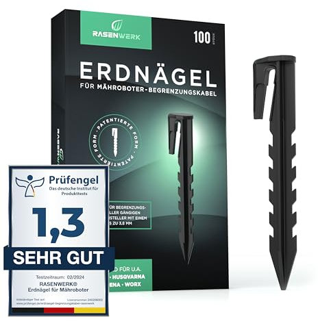 RASENWERK® - Clous pour câble délimitation pour robot tondeuse - 100 pcs - ancrages forme brevetée - piquets pour câble déli. - compatibles avec Gardena, Husqvarna, Worx, Bosch et AL-KO, etc.