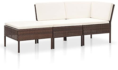 vidaXL Gartenmöbel 3-TLG. mit Auflagen Sitzgruppe Garten Garnitur Lounge Sofa Sitzgarnitur Gartenset Gartensofa Ecksofa Mittelsofa Fußhocker Poly Rattan Braun