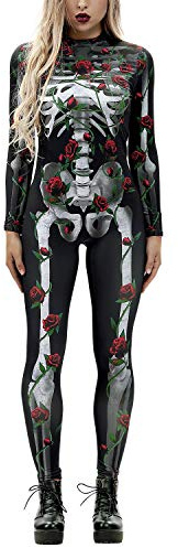 Womens Halloween Skeleton Print Skinny Jumpsuit Stretch Cosplay Costume Sexy Bodycon Bodysuit(Style D, M)