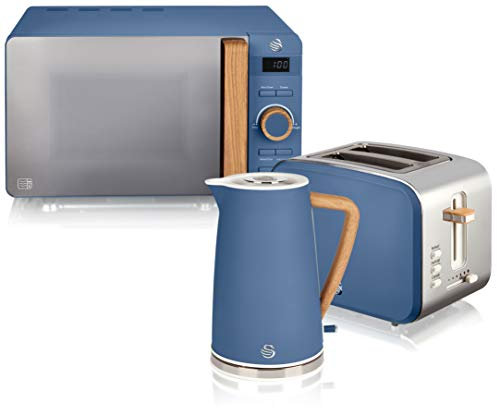Swan Nordic Set Colazione Bollitore 1,7L 2200W, Tostapane Pan Slot Larga 2 fette, Microonde 20L Digitale, Design Moderno Effetto Legno Blu Opaco